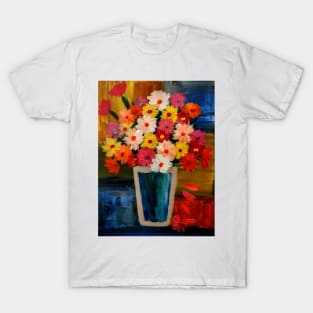 Color block background  and abstract mixed flowers in a metallic vase T-Shirt